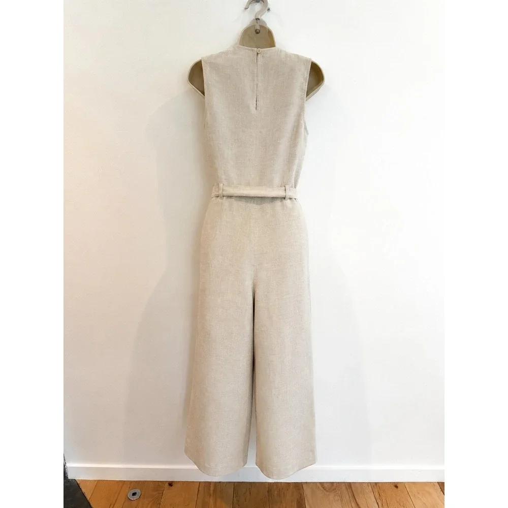 Reformation Linen Jumpsuit Naomi Sz 8 Belted Sleeveless Straight Leg Beige Flax